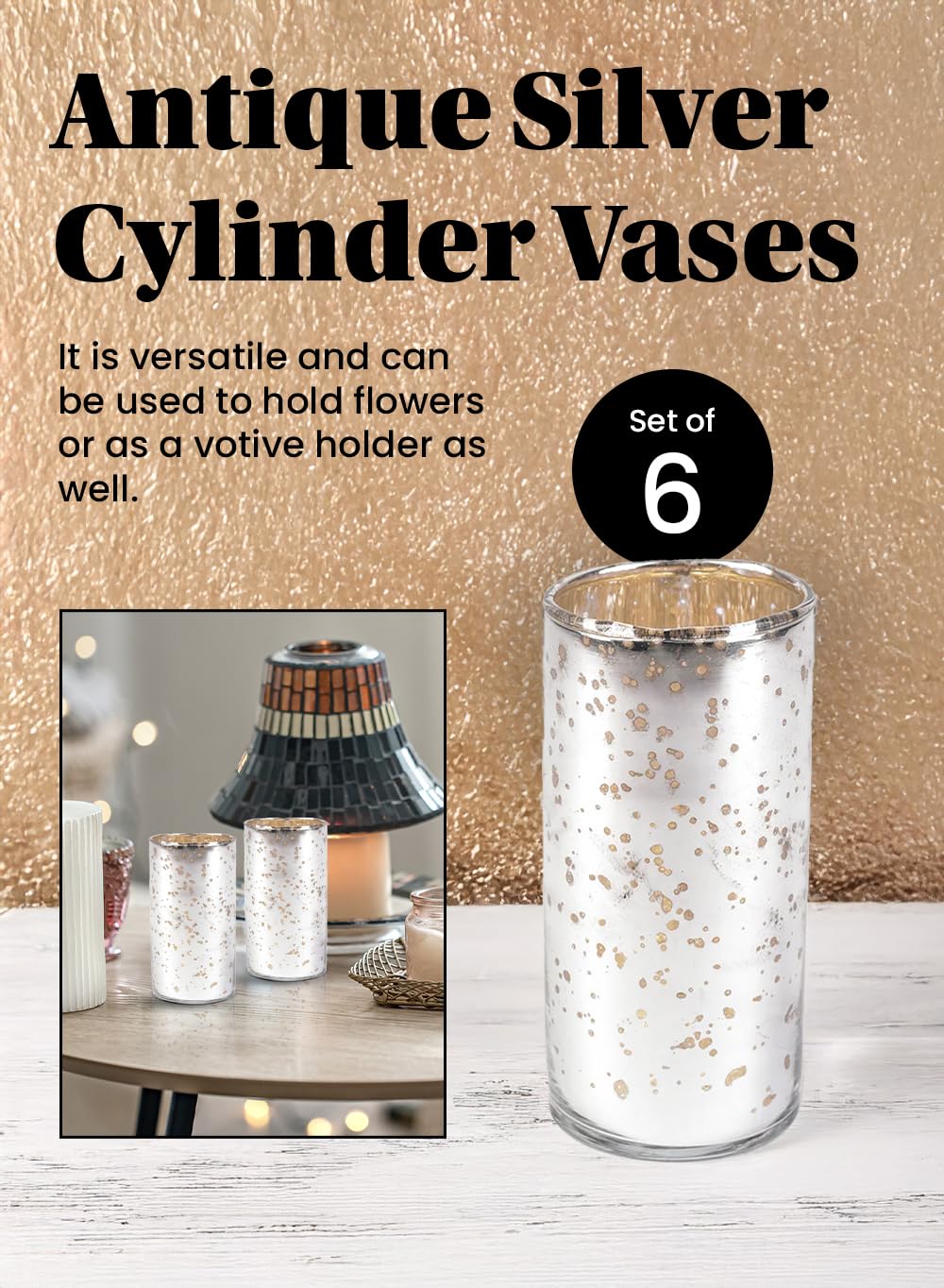 Set of 6 Antique Silver Mercury Glass Cylinder Vases