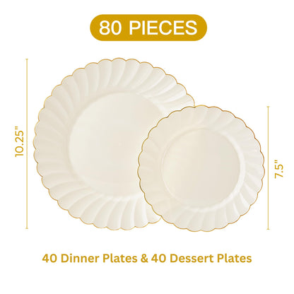 80-Piece Ivory Scalloped Plastic Plate Set with Gold Trim