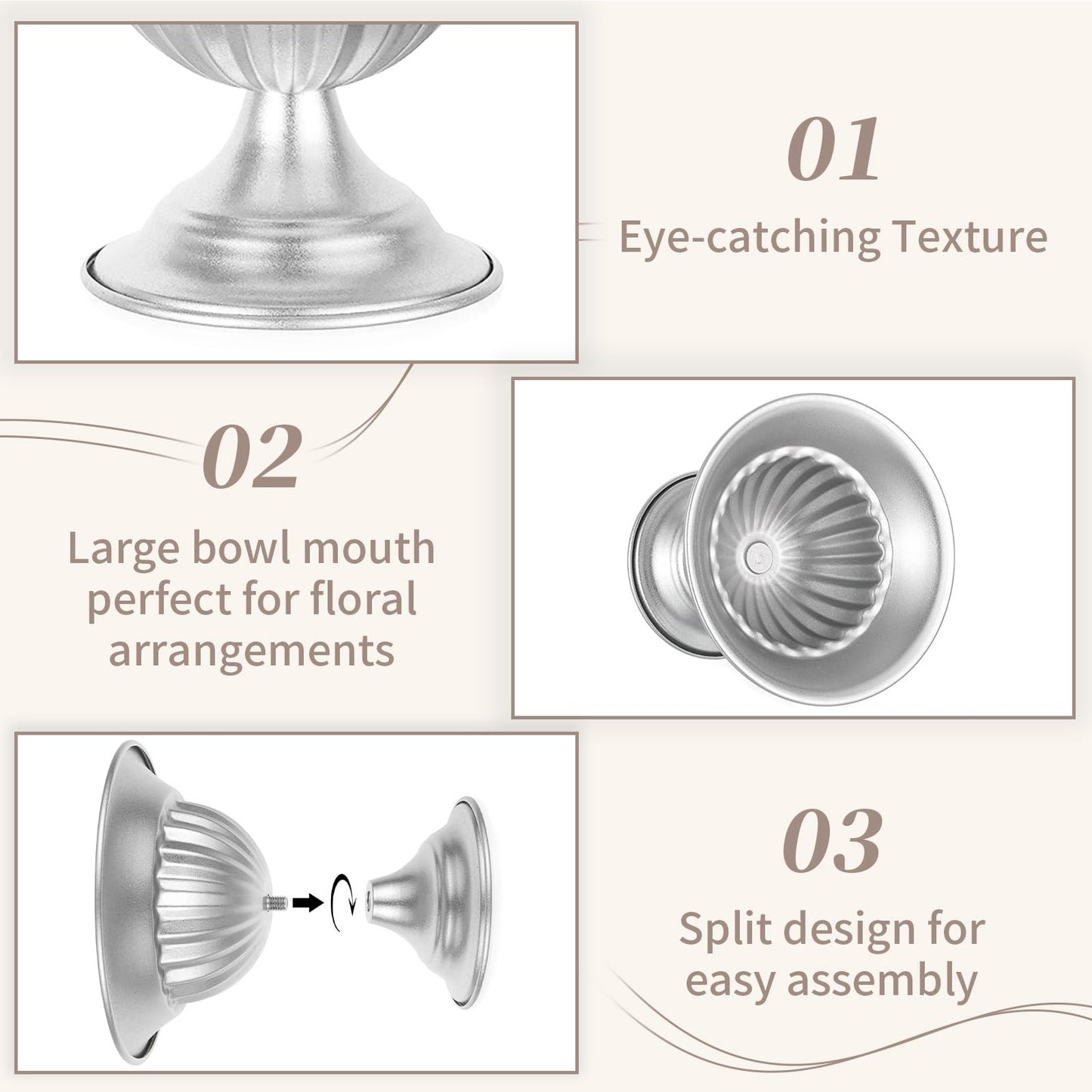 Set of 2 Silver Metal Urn Vases for Table Centerpieces