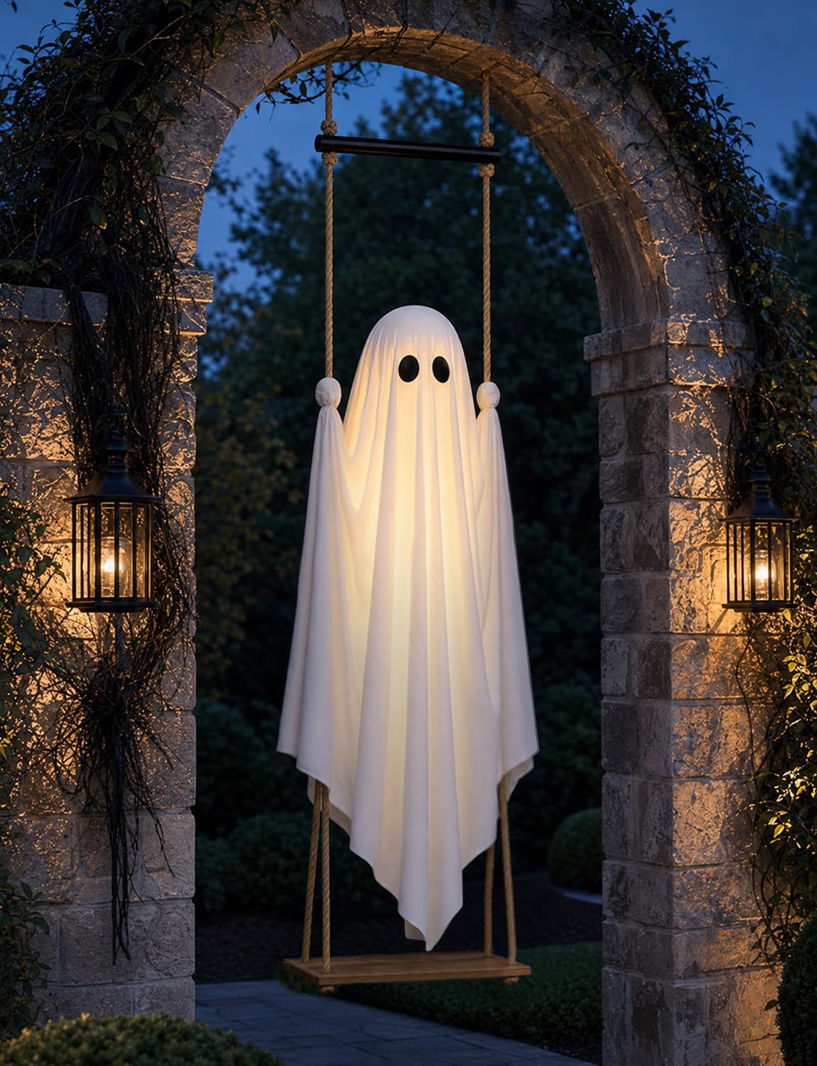 Lighted Hanging Swing Ghost Halloween Yard Decoration