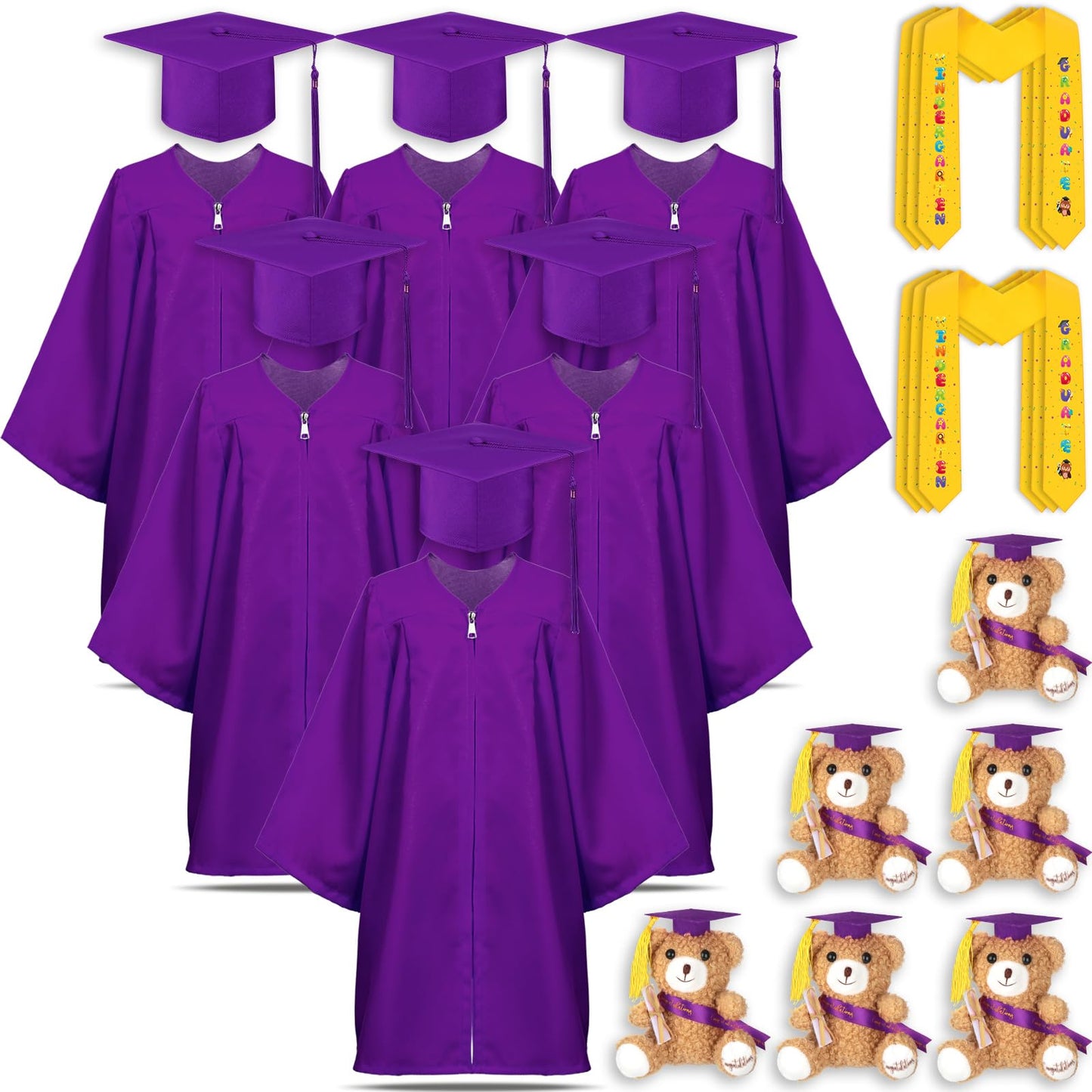 24-Piece Kids Graduation Cap and Gown Set with Stoles and Bears