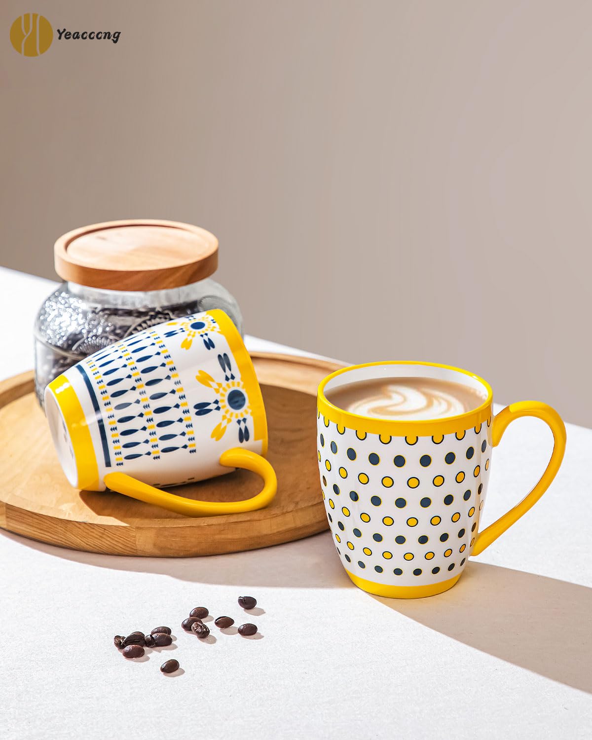 Set of 6 Bohemian Ceramic Coffee Mugs with Yellow Handles