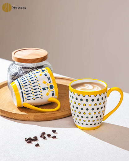 Set of 6 Bohemian Ceramic Coffee Mugs with Yellow Handles