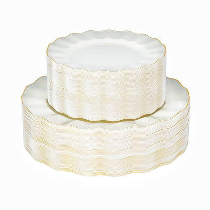 120-Piece White Gold Disposable Plastic Plate Set