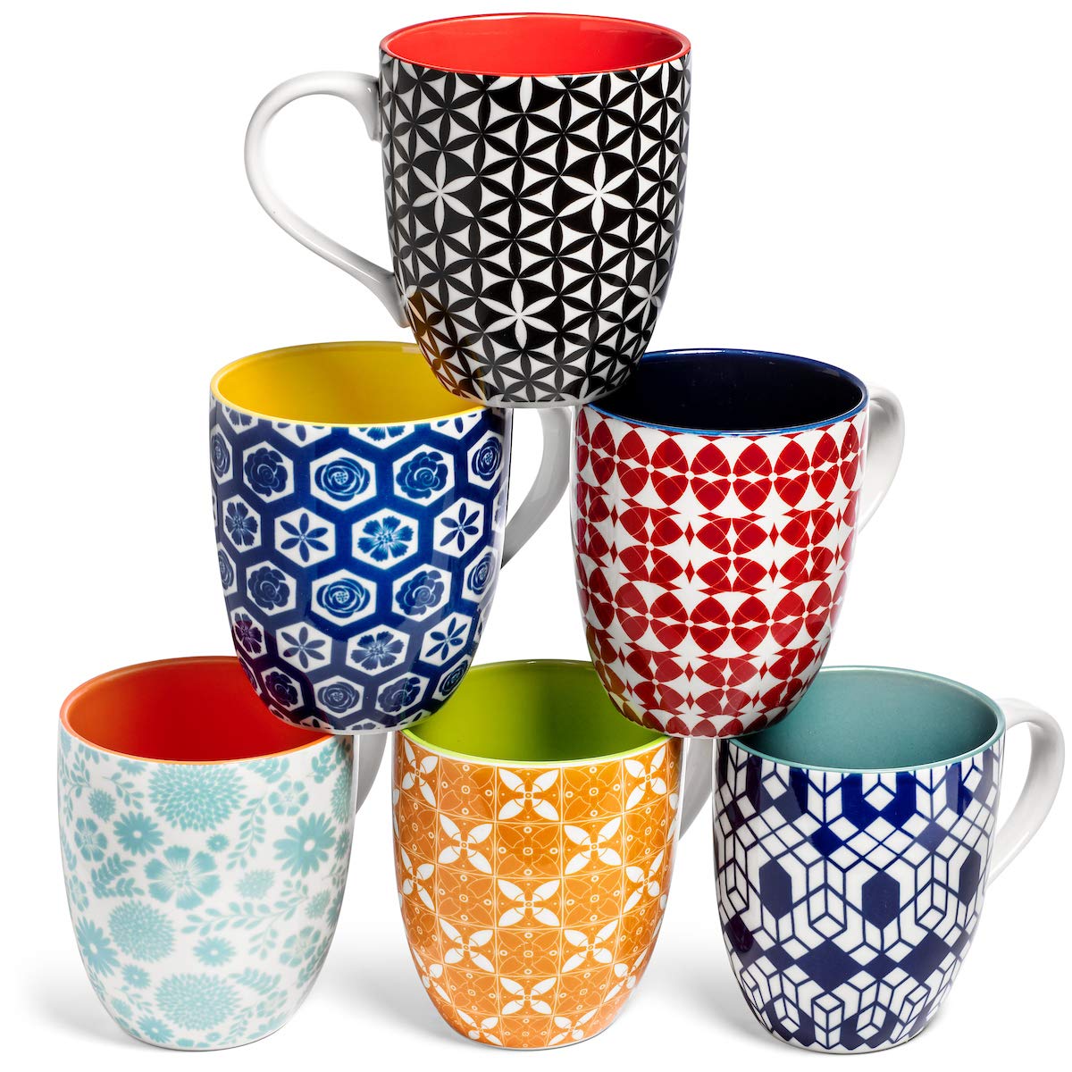 Set of 6 Colorful Porcelain Coffee Mugs, 11.7 Oz