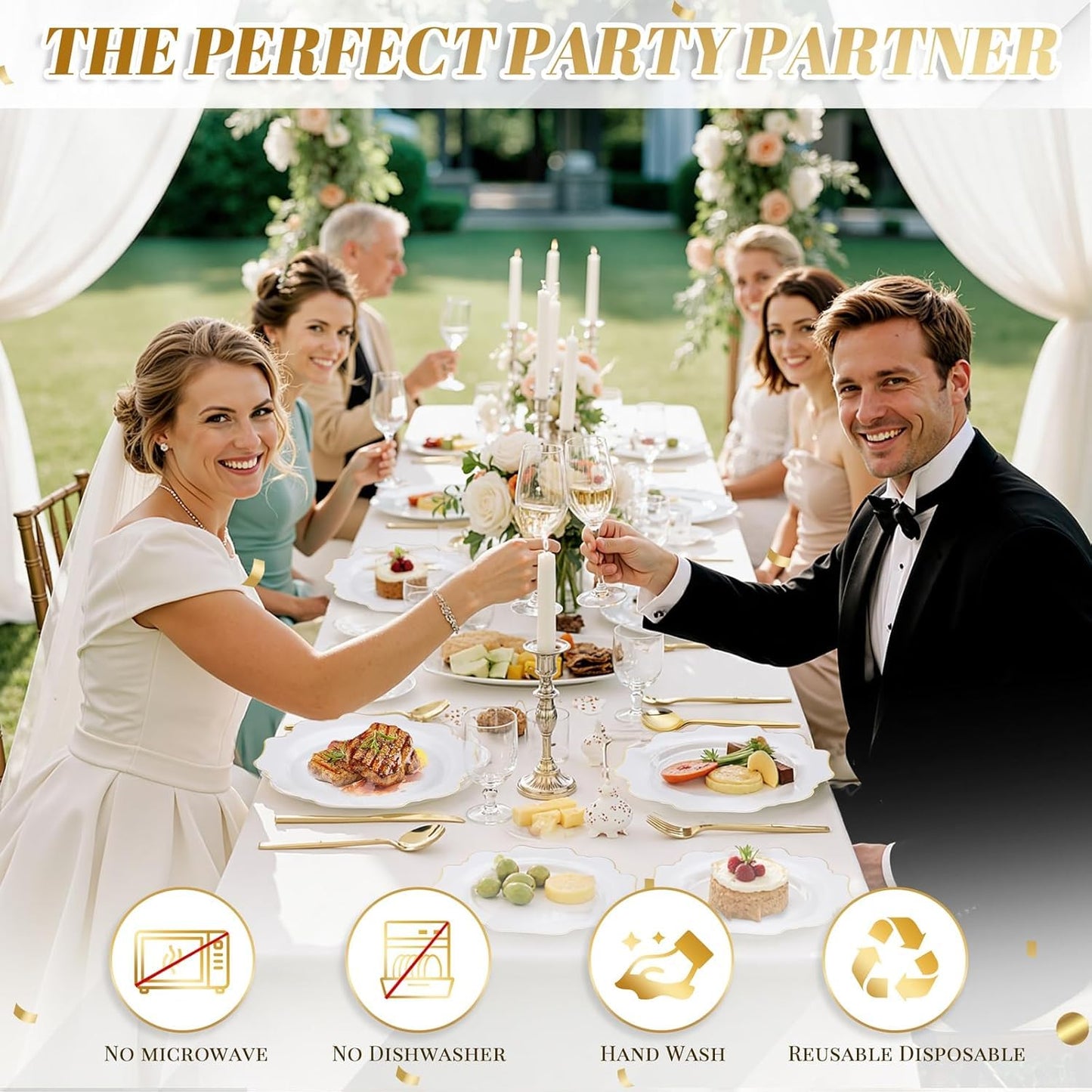 200-Piece White and Gold Disposable Plastic Plate Set