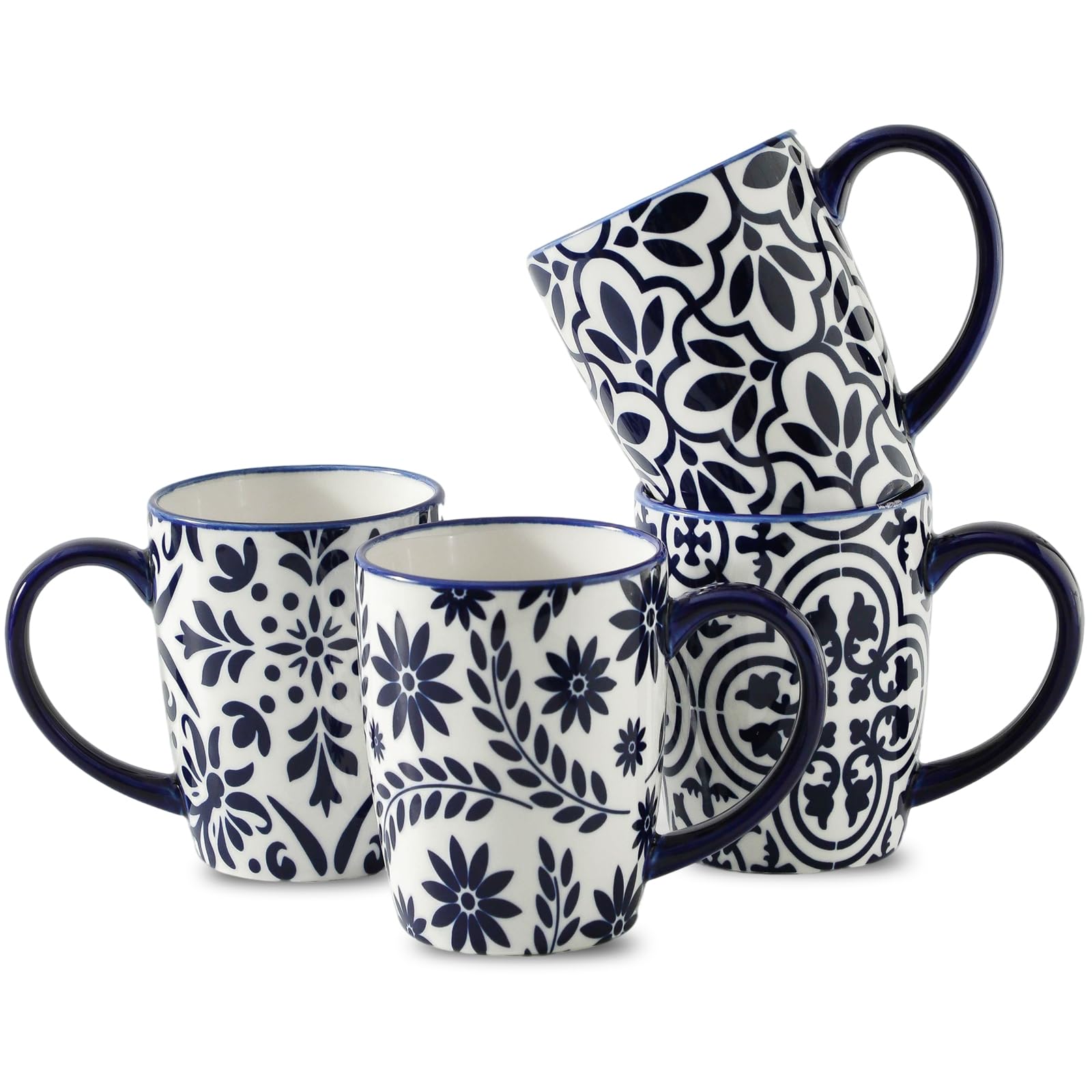 HASENSE 15OZ Coffee Mugs, Ceramic Coffee Mugs with Blue and White Floral Patterns
