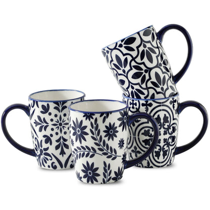 HASENSE 15OZ Coffee Mugs, Ceramic Coffee Mugs with Blue and White Floral Patterns