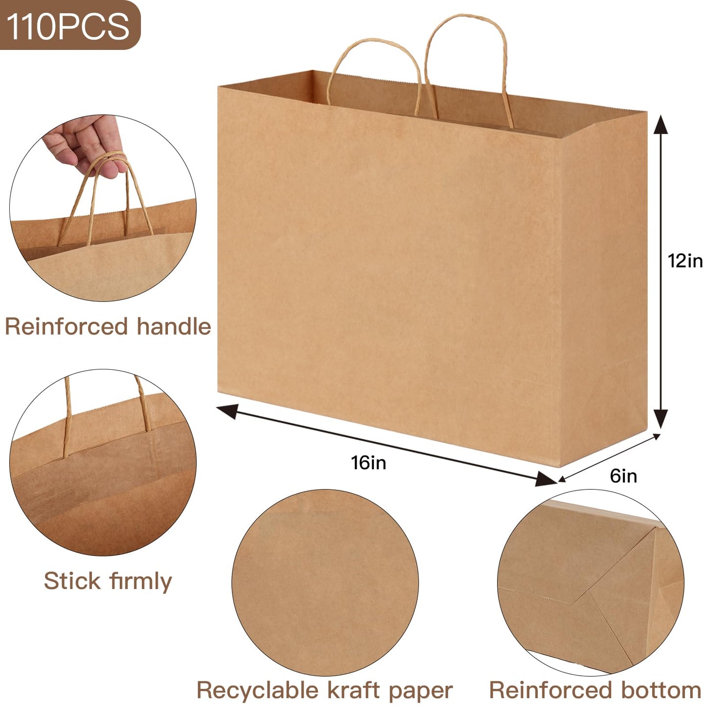 OUTUXED 110pcs 16x6x12in Brown Paper Bags with Handles, Large Gift Bags