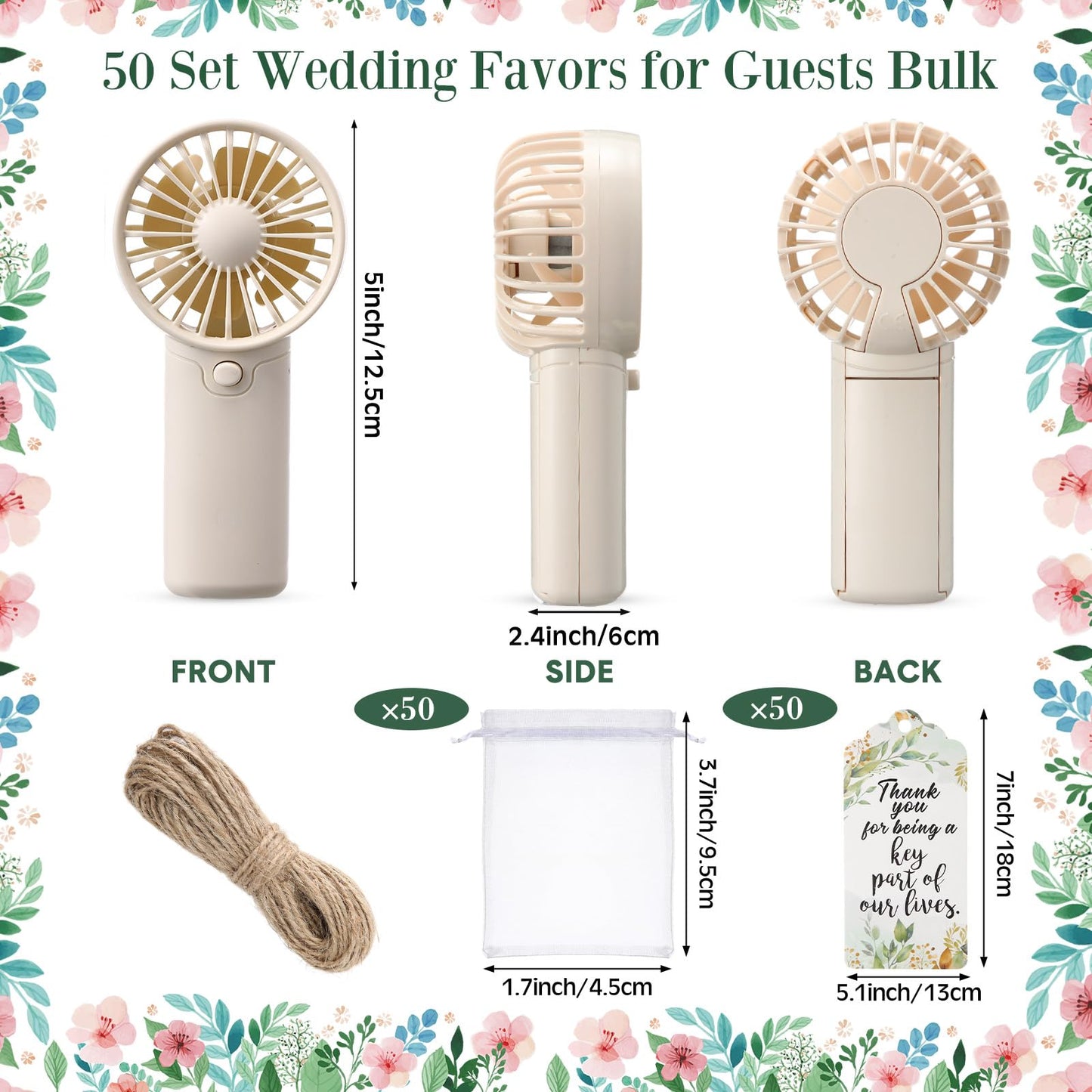 50-Pack Mini Handheld Fans with Gift Bags and Thank You Cards