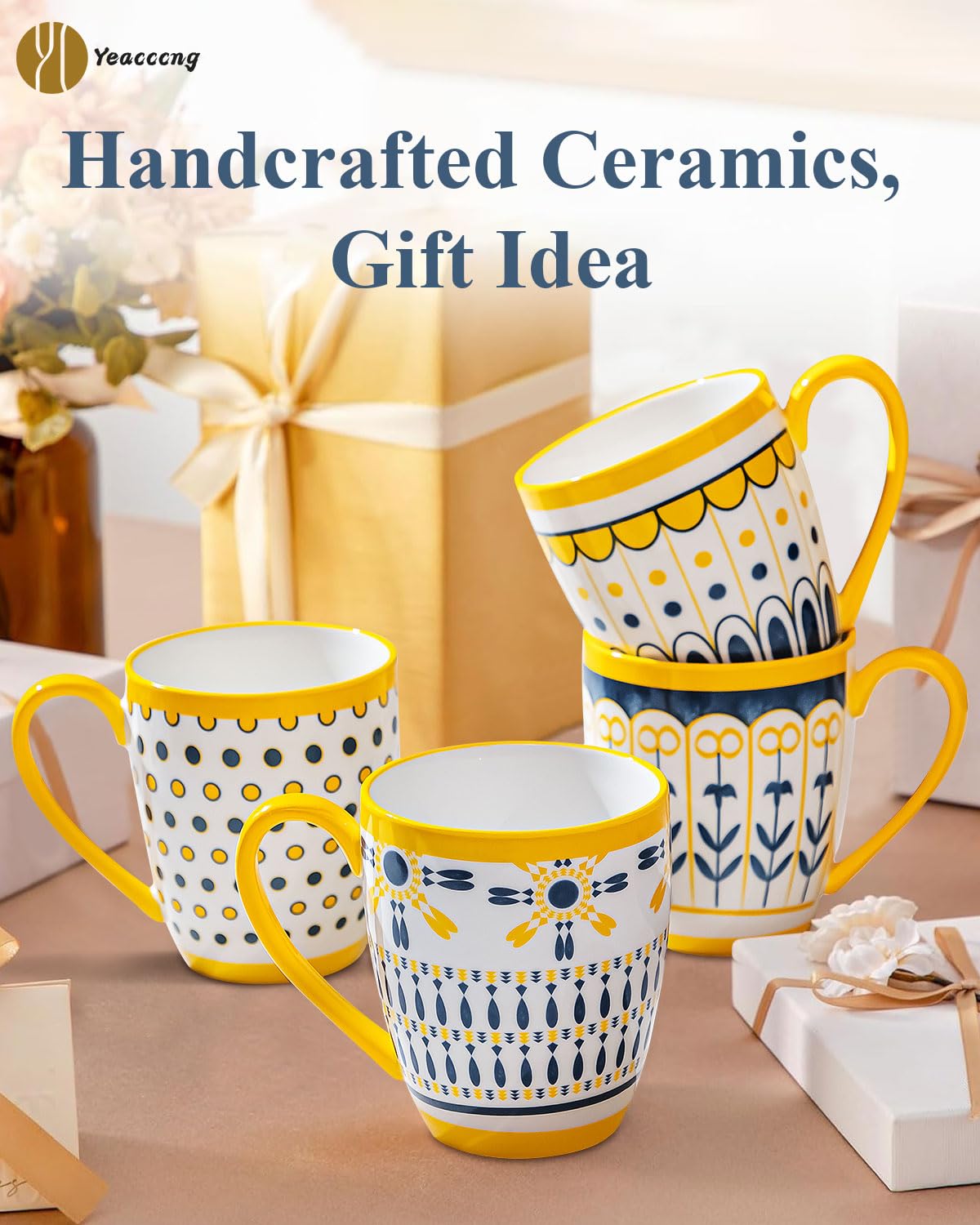 Set of 6 Bohemian Ceramic Coffee Mugs with Yellow Handles