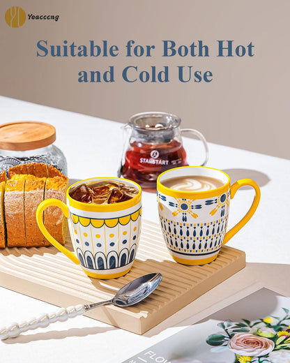 Set of 6 Bohemian Ceramic Coffee Mugs with Yellow Handles