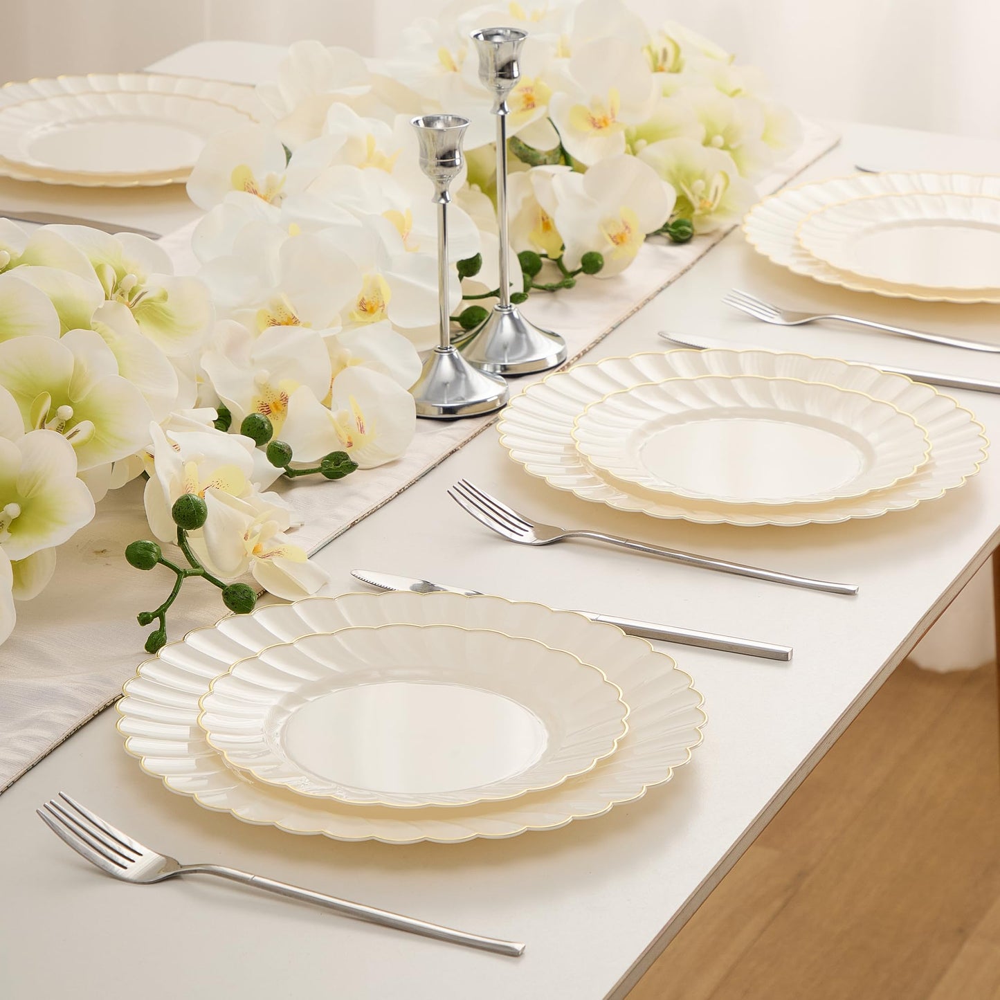 80-Piece Ivory Scalloped Plastic Plate Set with Gold Trim