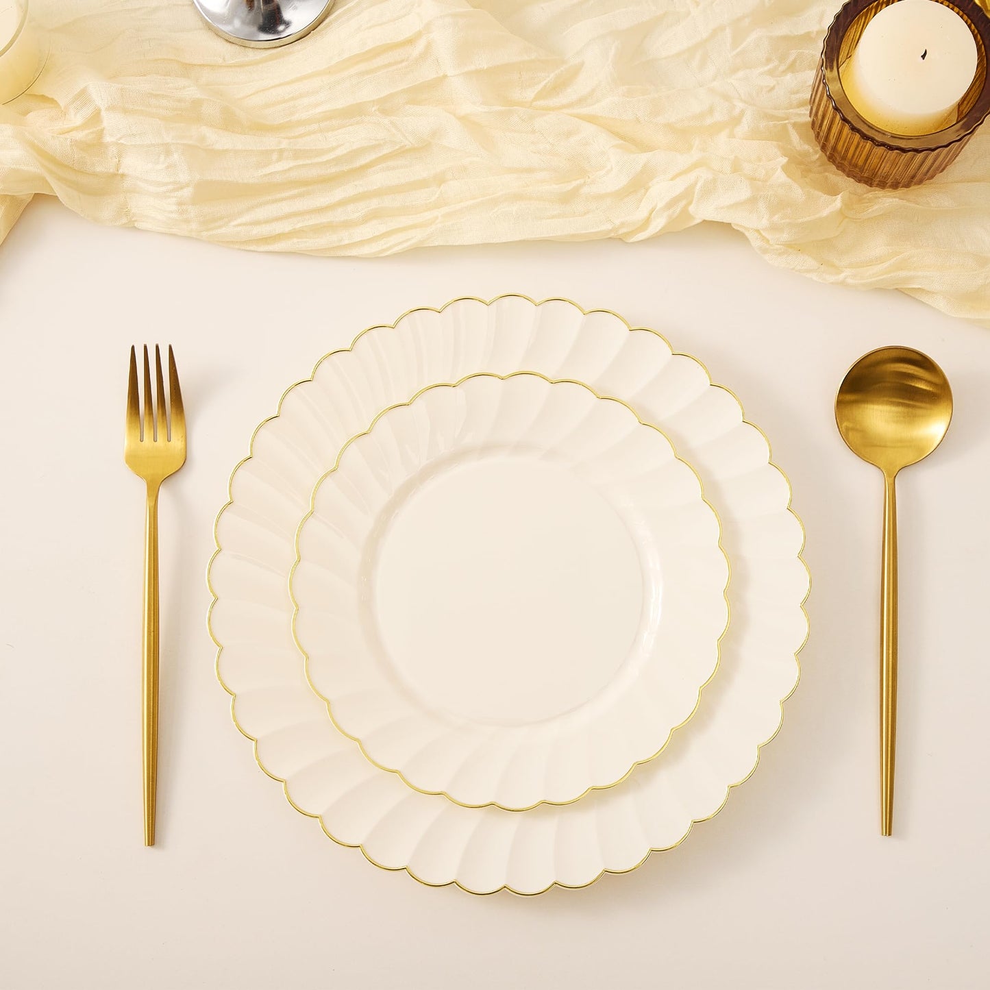 80-Piece Ivory Scalloped Plastic Plate Set with Gold Trim