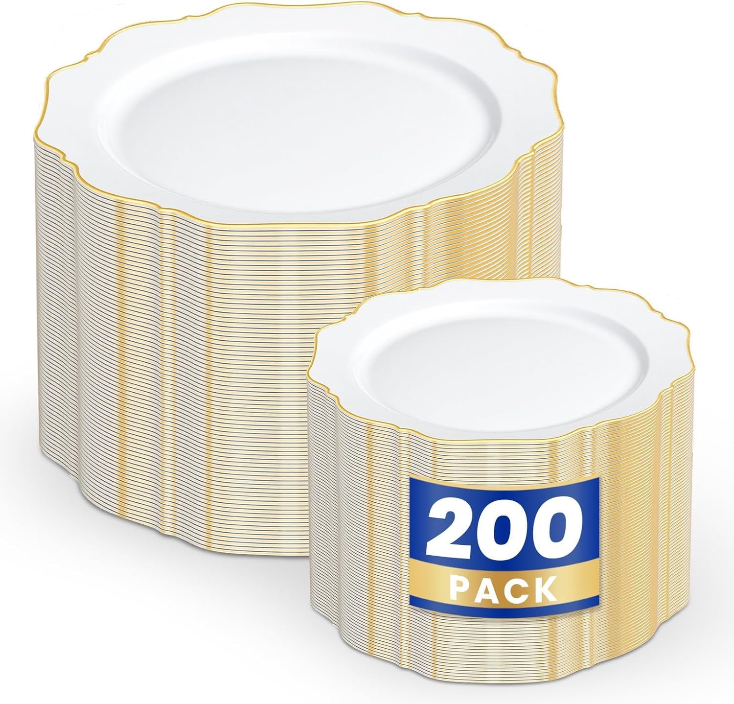 200-Piece White and Gold Disposable Plastic Plate Set