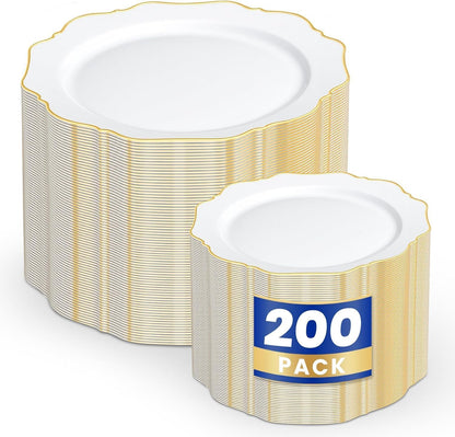 200-Piece White and Gold Disposable Plastic Plate Set