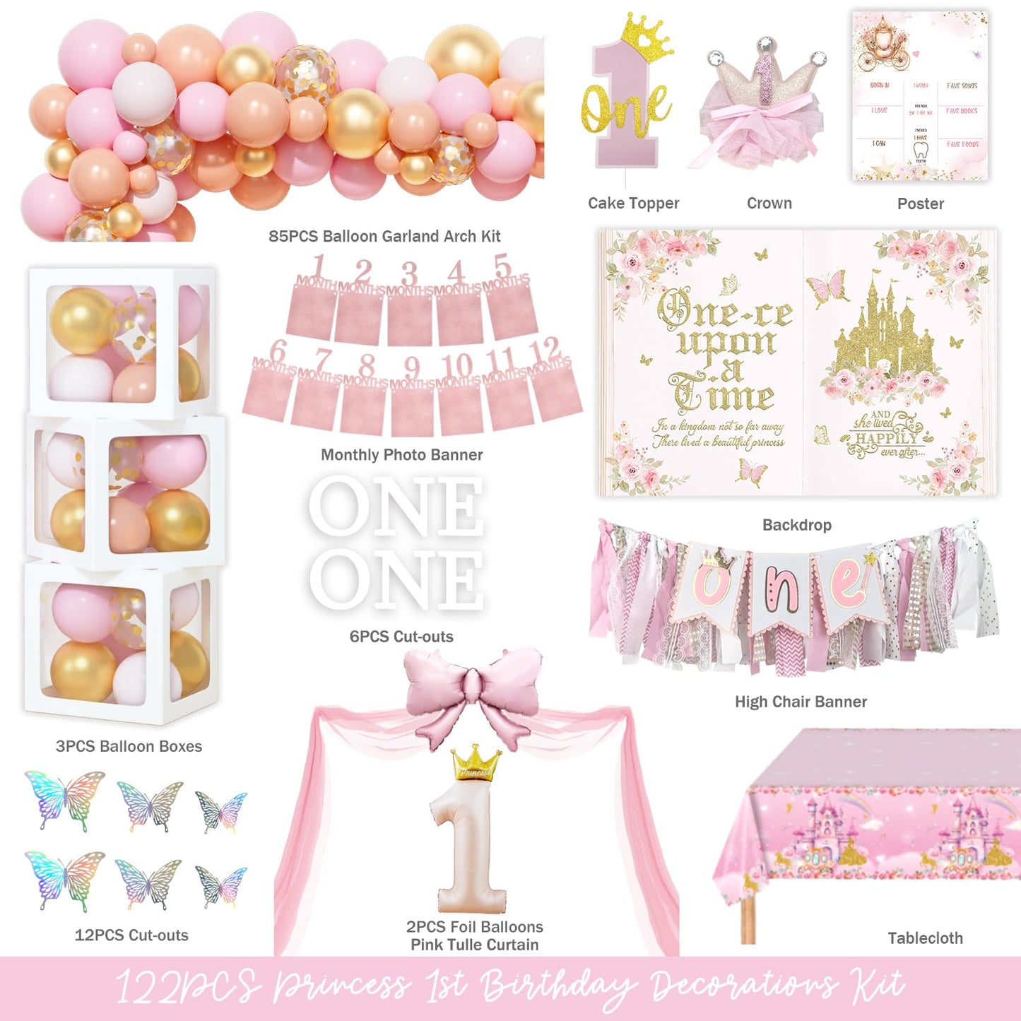 122-Piece Princess First Birthday Party Decoration Set