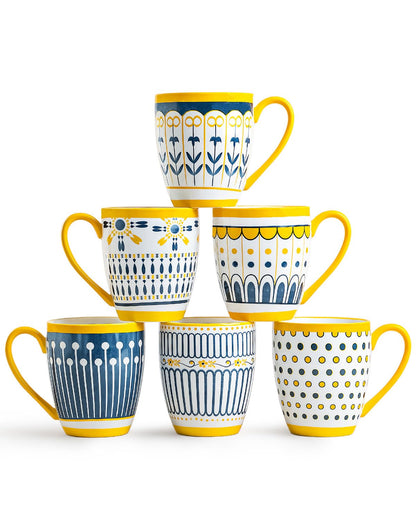 Set of 6 Bohemian Ceramic Coffee Mugs with Yellow Handles