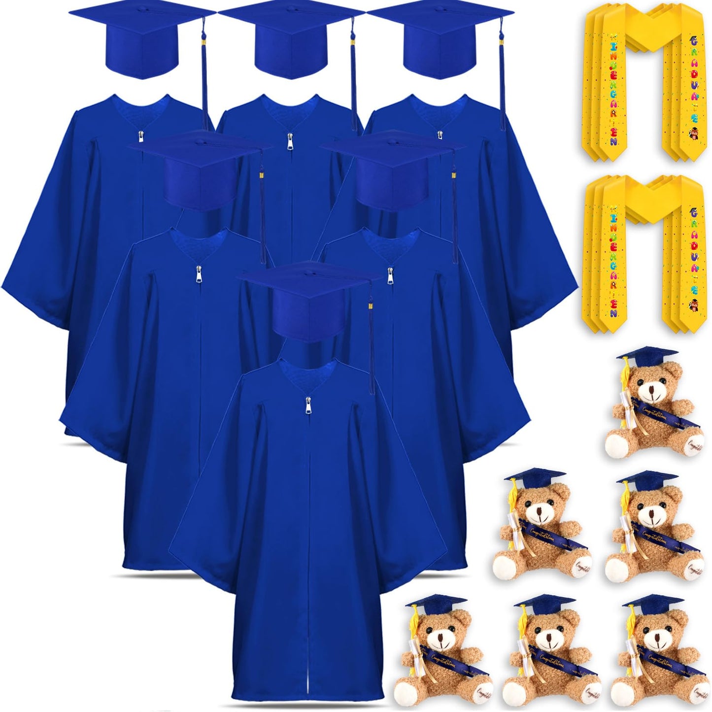 24-Piece Kids Graduation Cap and Gown Set with Stoles and Bears