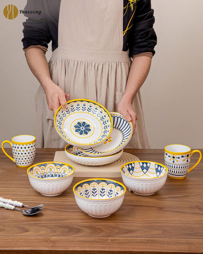 Set of 6 Bohemian Ceramic Coffee Mugs with Yellow Handles