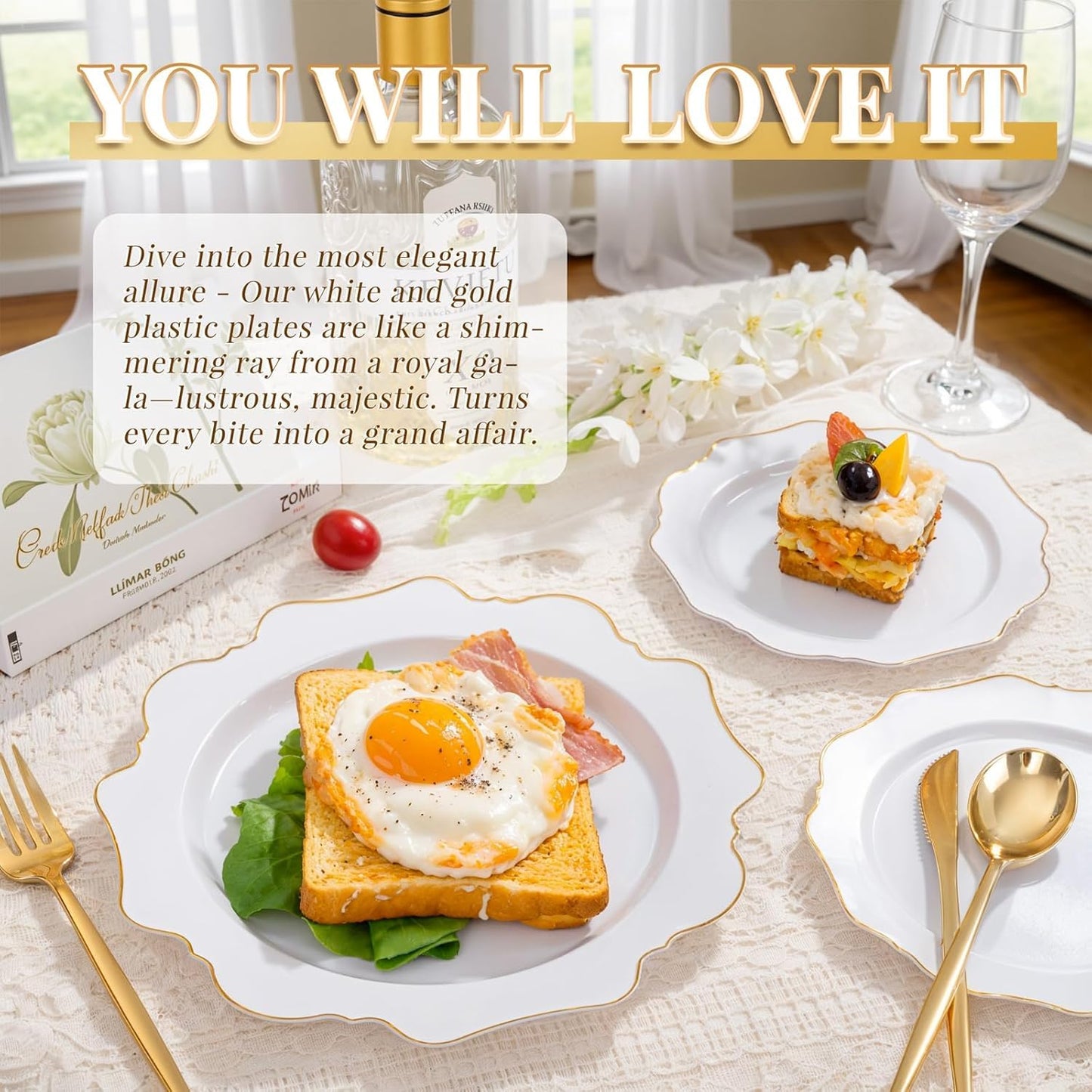 200-Piece White and Gold Disposable Plastic Plate Set