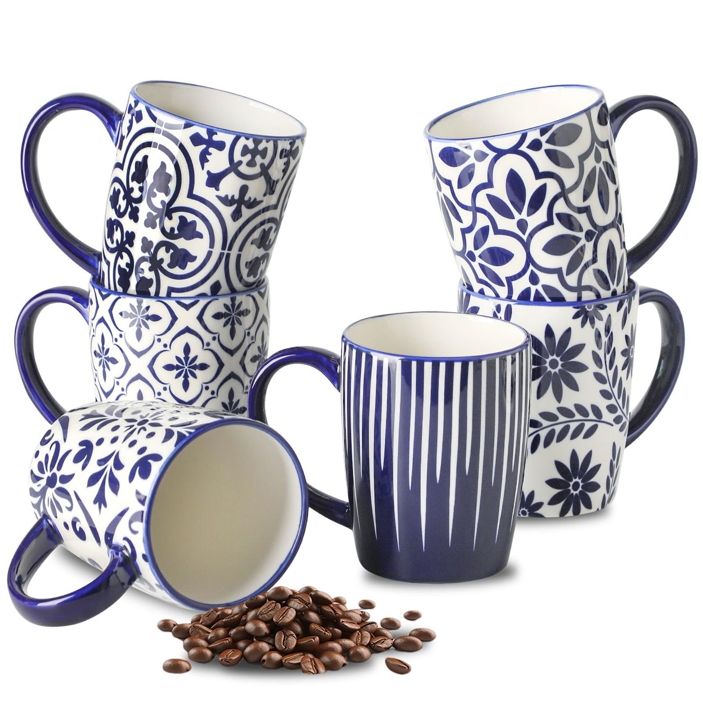 HASENSE 15OZ Coffee Mugs, Ceramic Coffee Mugs with Blue and White Floral Patterns