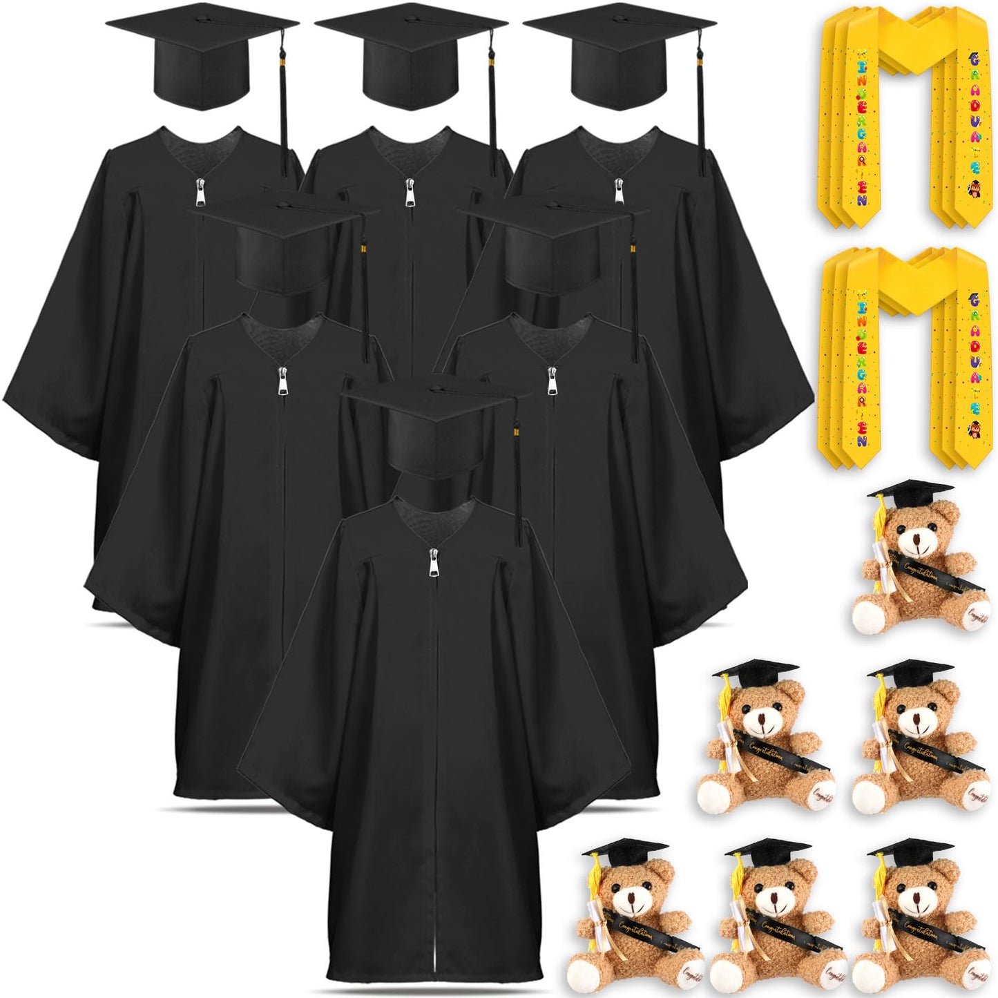 24-Piece Kids Graduation Cap and Gown Set with Stoles and Bears