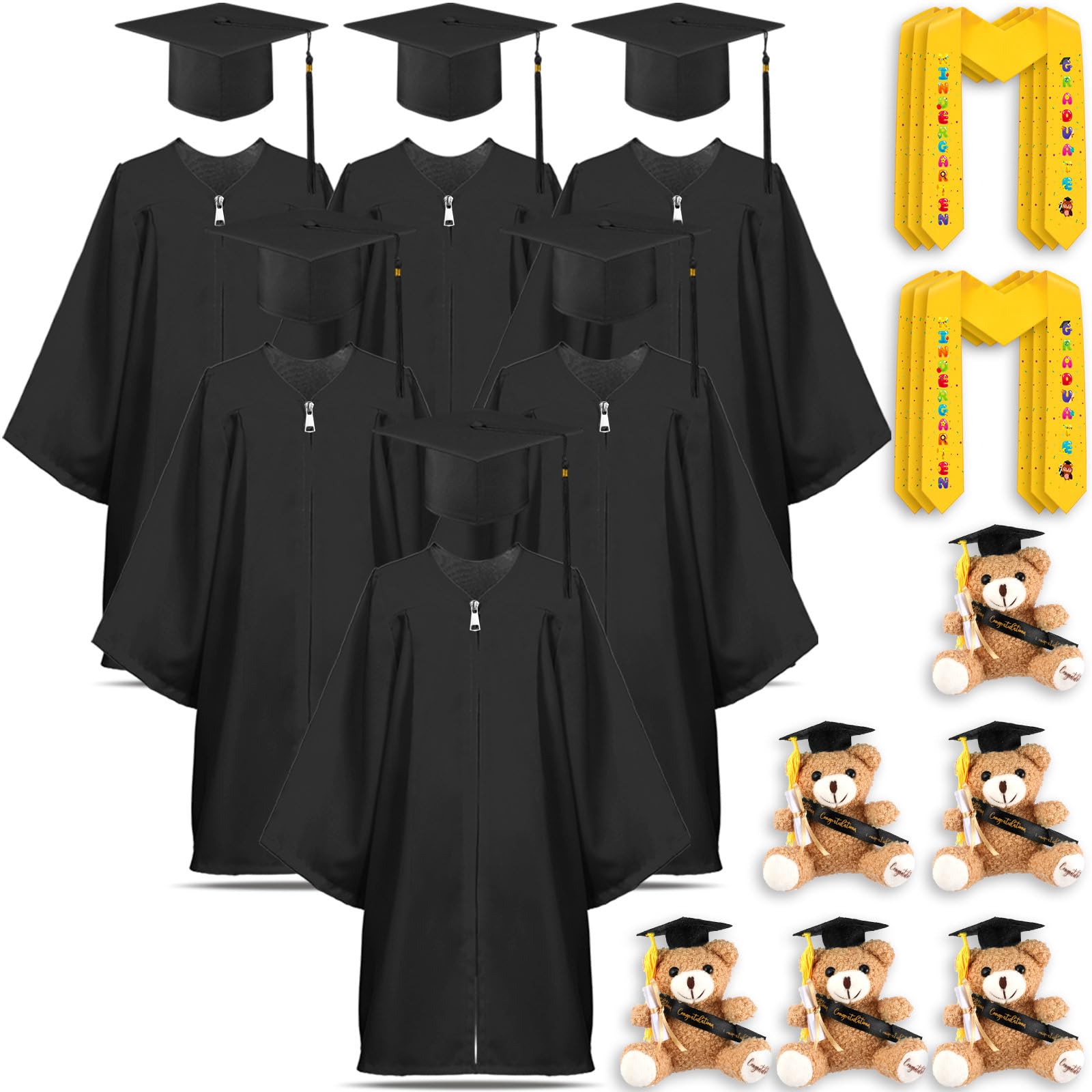 24-Piece Kids Graduation Cap and Gown Set with Stoles and Bears