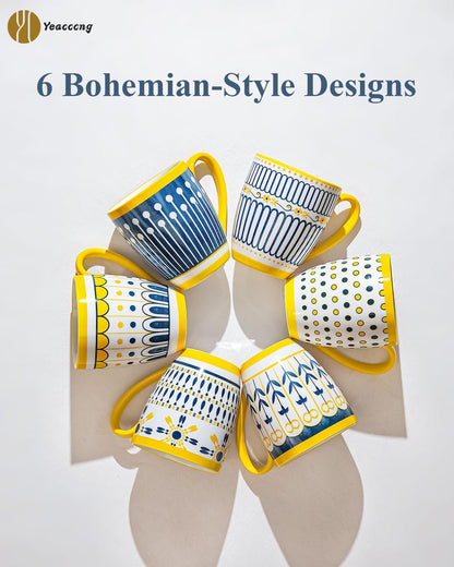 Set of 6 Bohemian Ceramic Coffee Mugs with Yellow Handles