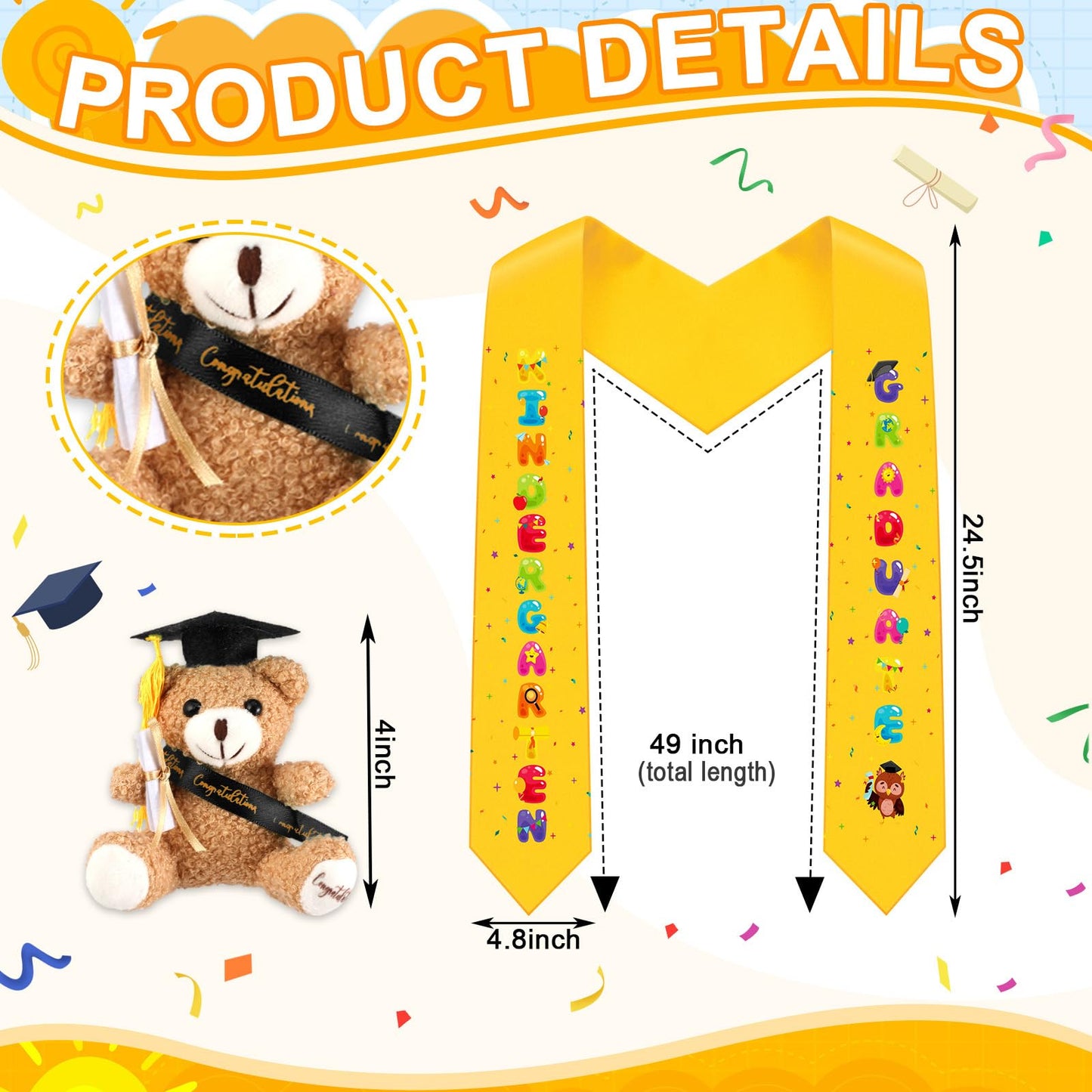 24-Piece Kids Graduation Cap and Gown Set with Stoles and Bears