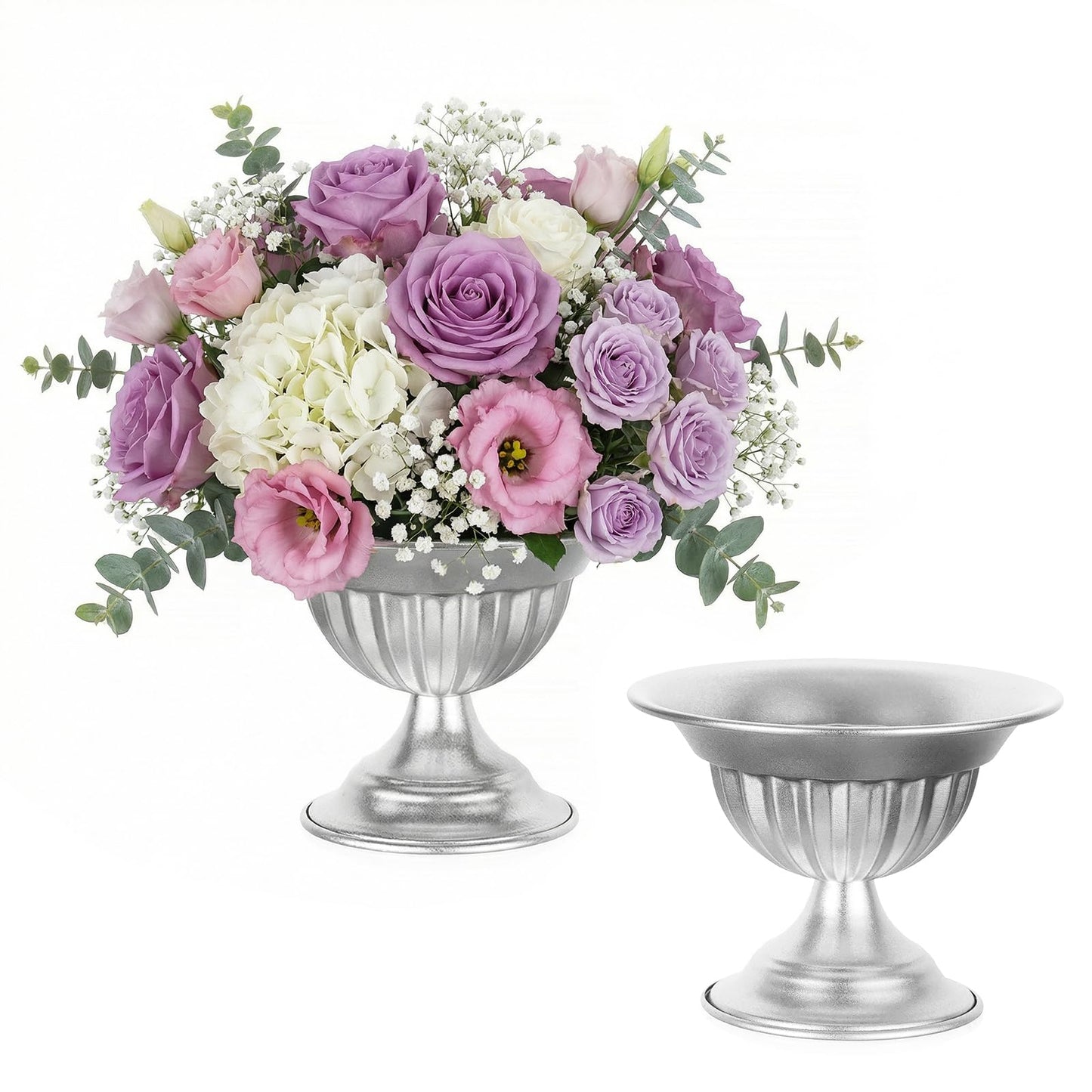 Set of 2 Silver Metal Urn Vases for Table Centerpieces