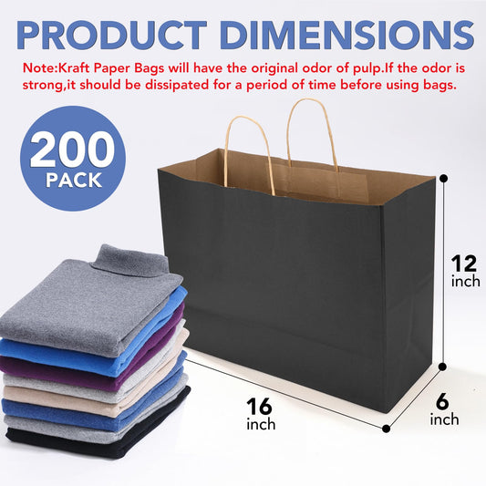 XPCARE 200 Pack Kraft Paper Bags,16x6x12 Inch