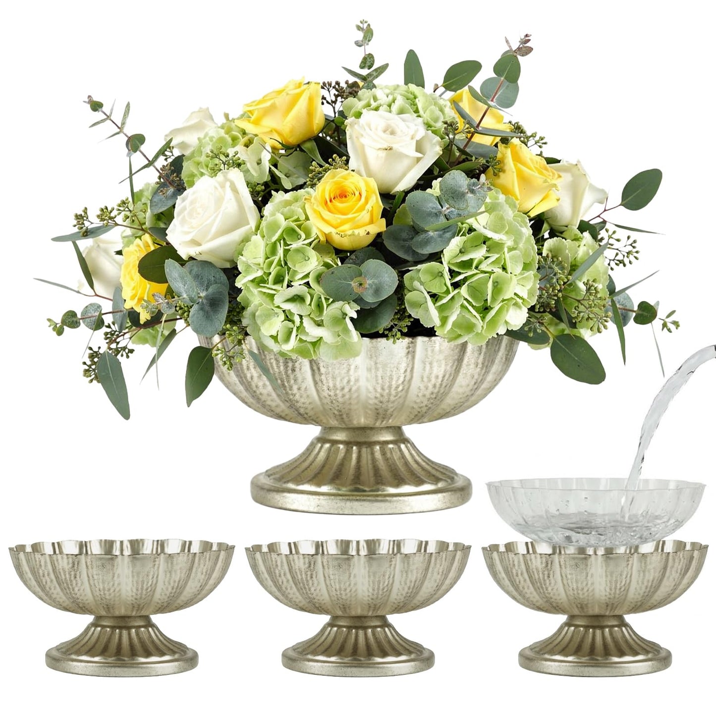 Set of 4 Antique Silver Metal Vases for Large Centerpieces