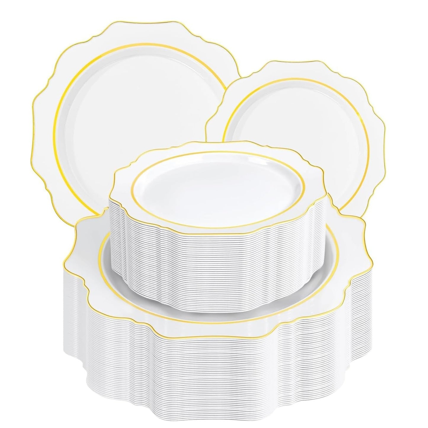 200-Piece White and Gold Disposable Plastic Plate Set