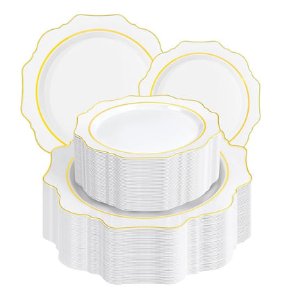 200-Piece White and Gold Disposable Plastic Plate Set