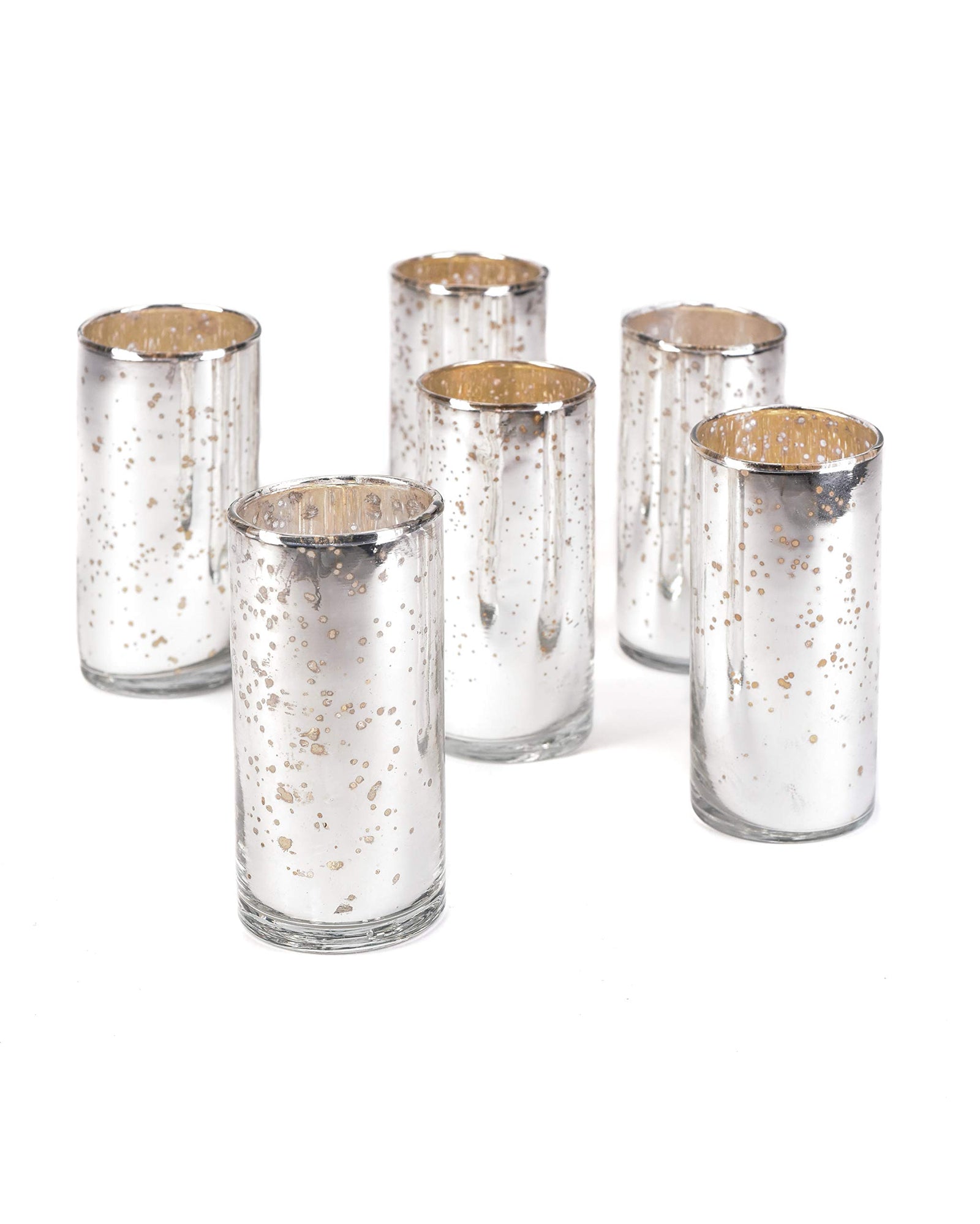 Set of 6 Antique Silver Mercury Glass Cylinder Vases