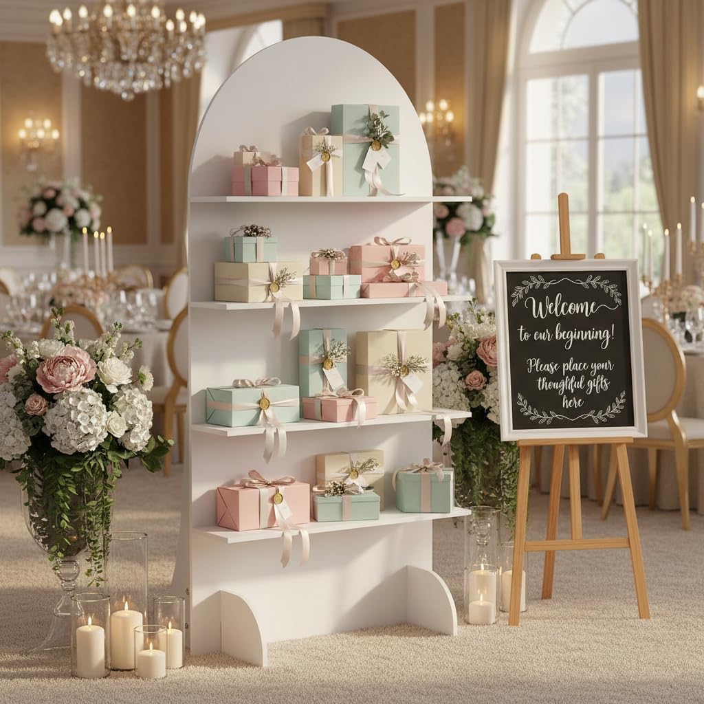 6FT Wooden Wedding Gift Display Arch, Original Design 4-Tier Champagne Wall