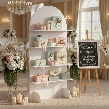 6FT Wooden Wedding Gift Display Arch, Original Design 4-Tier Champagne Wall