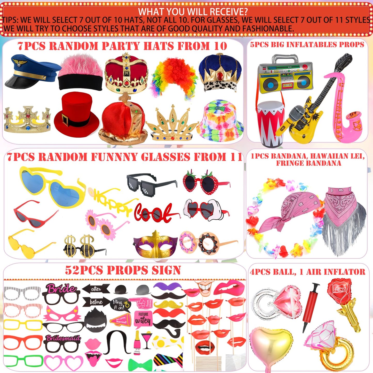 Novelty Photo Booth Props Set with Hats, Glasses and Wigs