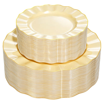 120-Piece White Gold Disposable Plastic Plate Set
