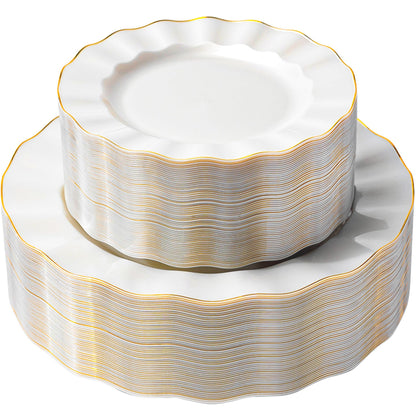 120-Piece White Gold Disposable Plastic Plate Set