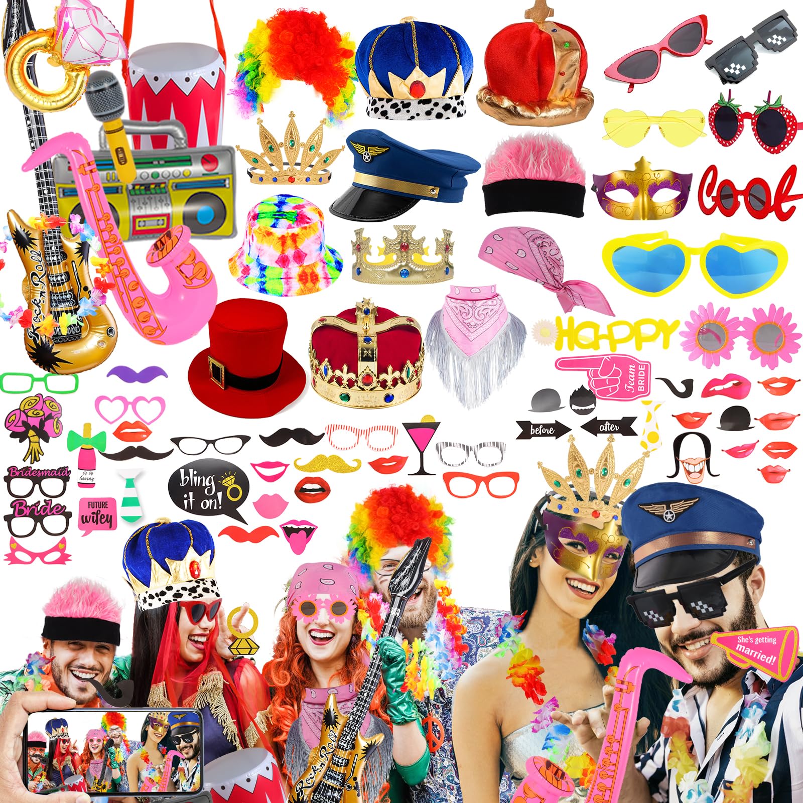 Novelty Photo Booth Props Set with Hats, Glasses and Wigs