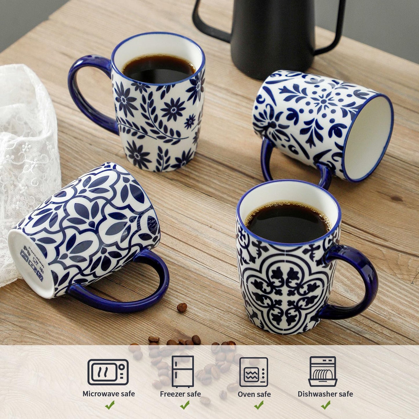 HASENSE 15OZ Coffee Mugs, Ceramic Coffee Mugs with Blue and White Floral Patterns