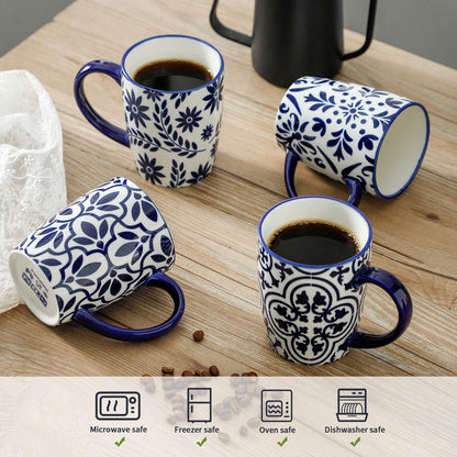 HASENSE 15OZ Coffee Mugs, Ceramic Coffee Mugs with Blue and White Floral Patterns