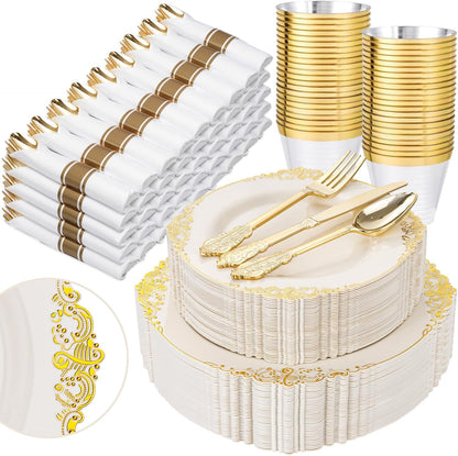 350-Piece Disposable Dinnerware Set with Plates, Cups and Cutlery