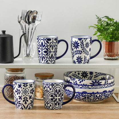 HASENSE 15OZ Coffee Mugs, Ceramic Coffee Mugs with Blue and White Floral Patterns
