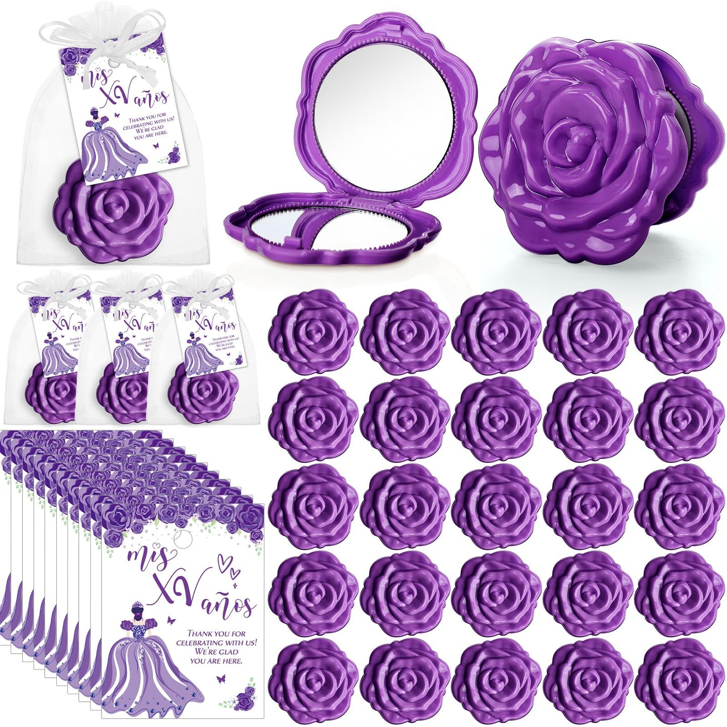 Rose Compact Mirror Party Favors with Cards and Organza Bags
