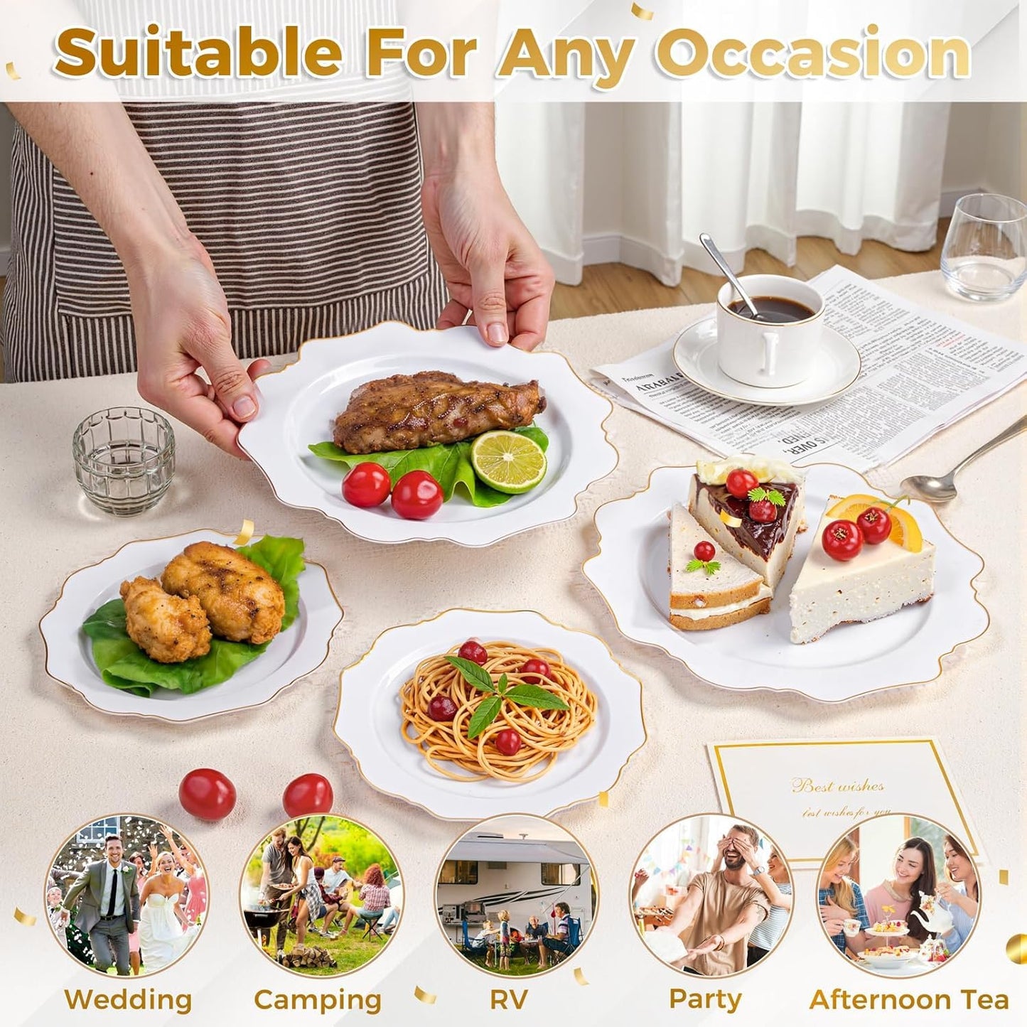 200-Piece White and Gold Disposable Plastic Plate Set