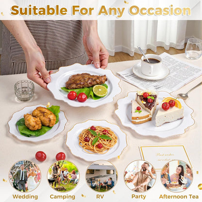 200-Piece White and Gold Disposable Plastic Plate Set