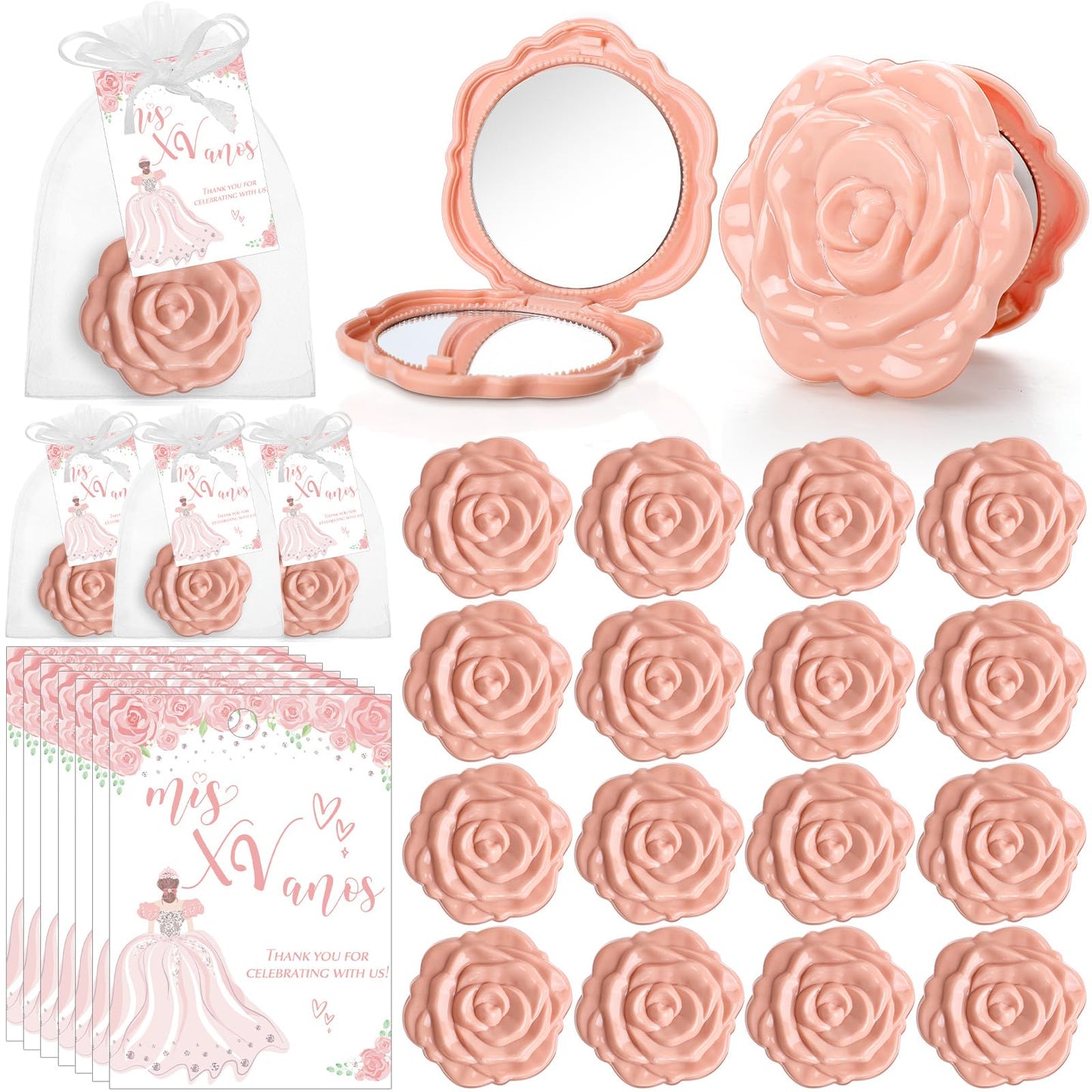 Rose Compact Mirror Party Favors with Cards and Organza Bags